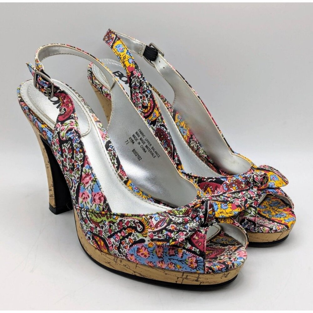 BONGO Multicolor Floral Cork Platform Slingback Heels